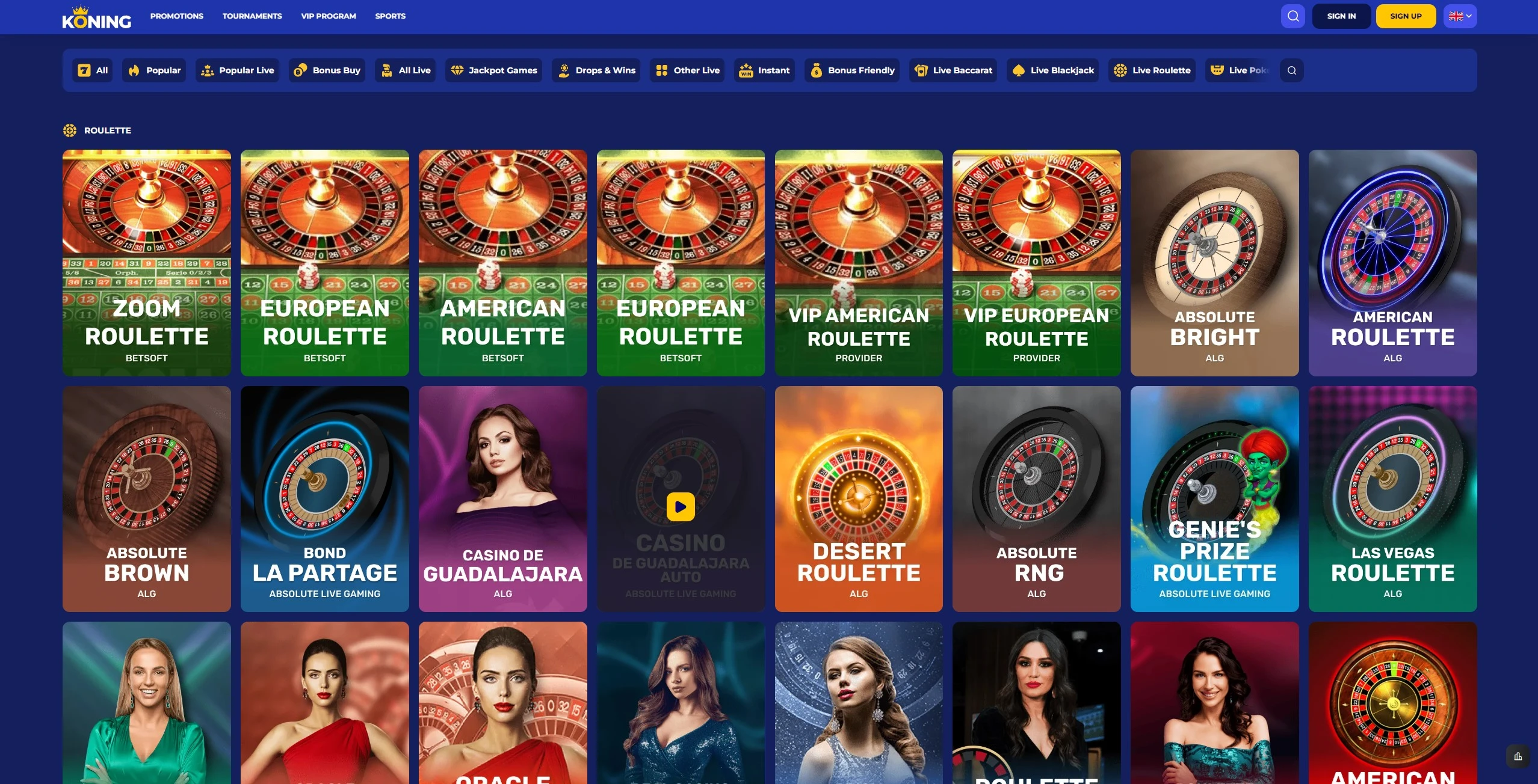 Live casino spellen lobby bij Koning Bet Casino